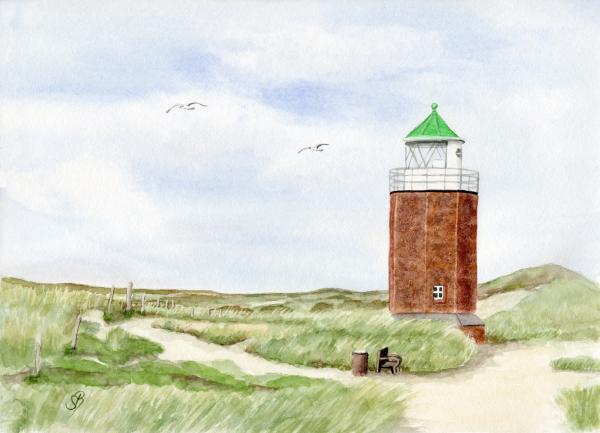 Postkarte DIN-A6  Aquarell Kunst Maritim Druck Kunstdruck Leuchtturm Rotes Kliff Kampen Sylt Nordsee Meer Strand Dünen